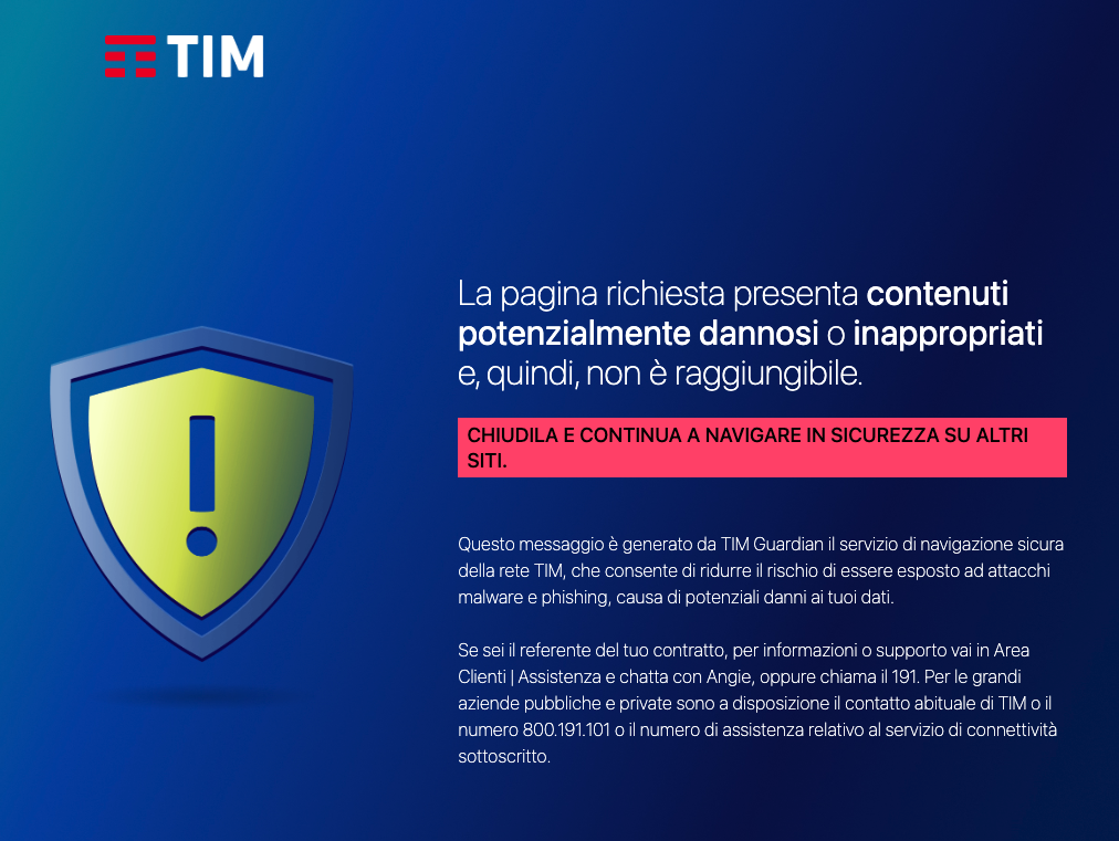 screenshot di una finestra di browser dove la TIM annuncia che ha bloccato l'accesso al dominio keepitfree.ai
